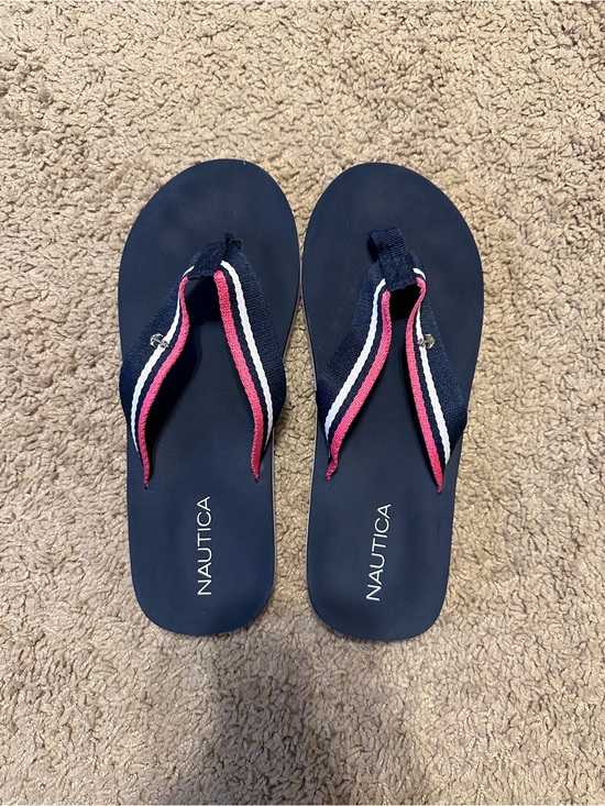 Nautica Shoes - Nautica Navy Flip Flops with Pink and White Striped Webbing